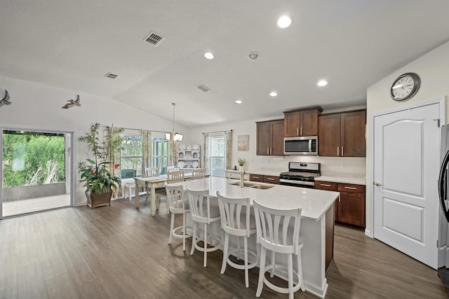 kitchen with vaulted ceiling, pendant lighting, sink, a kitchen island with sink, and stainless steel appliances