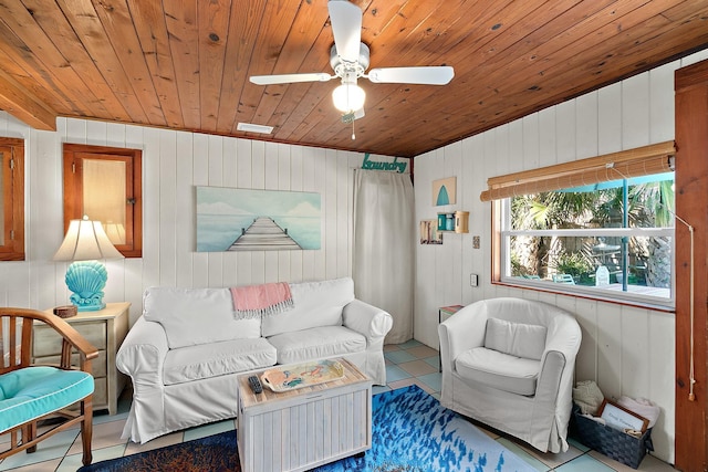 tiled living room featuring a ceiling fan, wood ceiling, and visible vents