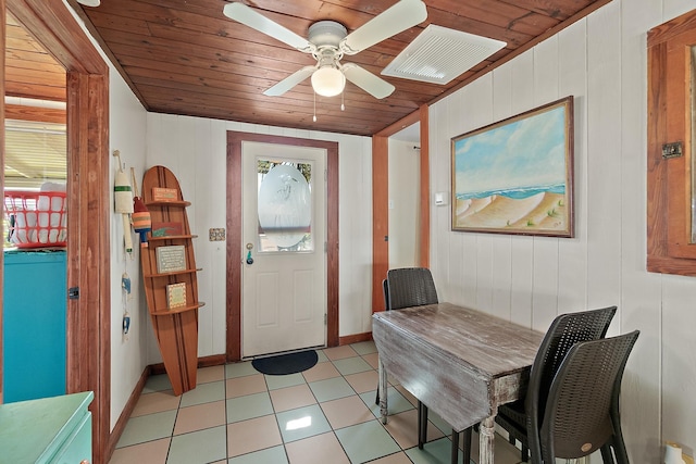 dining area with ceiling fan, light tile patterned floors, wooden ceiling, visible vents, and baseboards