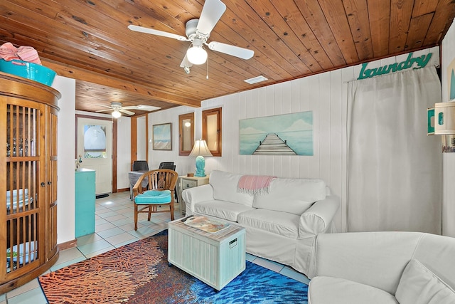 living area with wood ceiling, visible vents, ceiling fan, and tile patterned floors