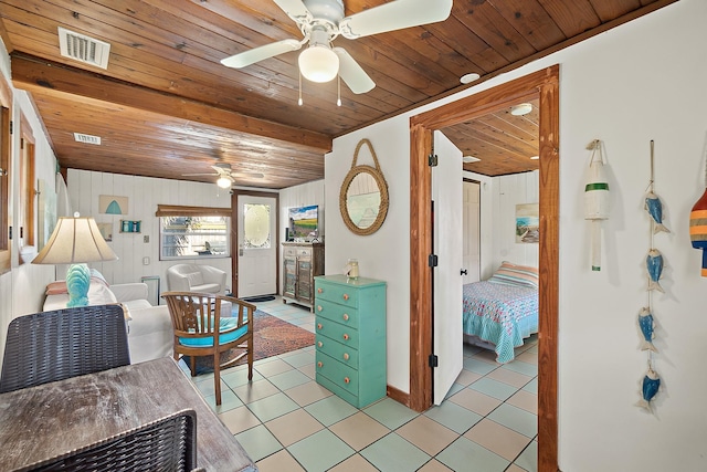 interior space with wood ceiling, visible vents, ceiling fan, and light tile patterned floors