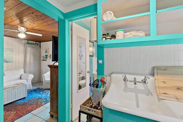 full bath with wood ceiling, ceiling fan, a bath, and tile patterned floors