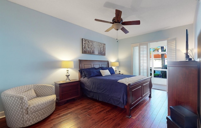 bedroom with dark wood finished floors and a ceiling fan