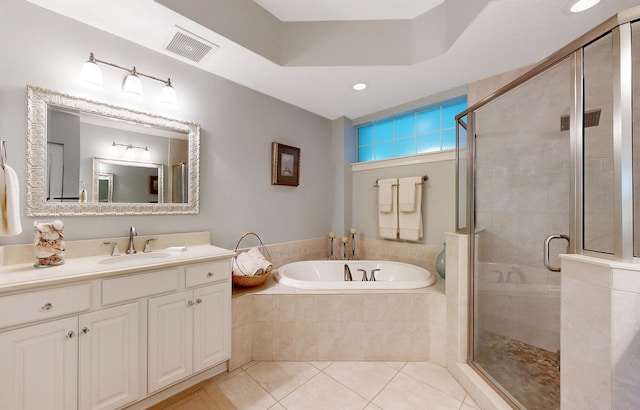 bathroom with a bath, visible vents, tile patterned flooring, and a stall shower