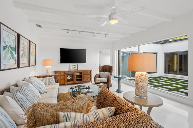 101 Dolphin Dr, Saint Augustine, FL 32080 - living room featuring rail lighting, visible vents, a ceiling fan, and beam ceiling