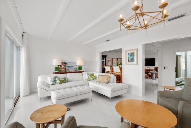 101 Dolphin Dr, Saint Augustine, FL 32080 - living room featuring concrete flooring, visible vents, an inviting chandelier, and beamed ceiling