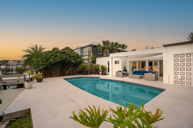 101 Dolphin Dr, Saint Augustine, FL 32080 - view of swimming pool featuring an outdoor living space, fence, a fenced in pool, and a patio area