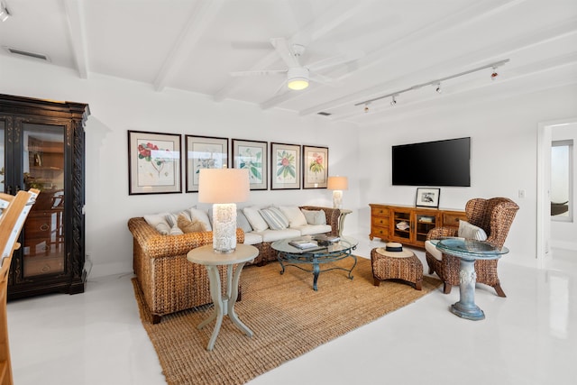 101 Dolphin Dr, Saint Augustine, FL 32080 - living room featuring beamed ceiling, visible vents, rail lighting, and ceiling fan