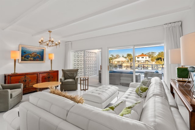 101 Dolphin Dr, Saint Augustine, FL 32080 - living area with a notable chandelier and beam ceiling