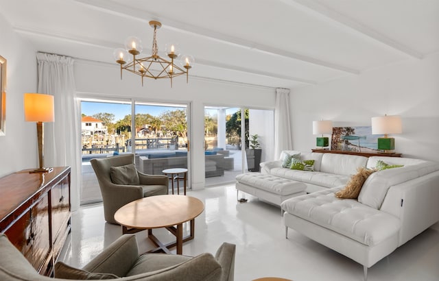 101 Dolphin Dr, Saint Augustine, FL 32080 - living room with concrete flooring, plenty of natural light, a notable chandelier, and beam ceiling