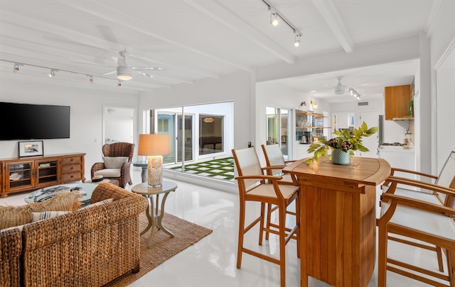 101 Dolphin Dr, Saint Augustine, FL 32080 - dining room with rail lighting, plenty of natural light, a ceiling fan, and beam ceiling