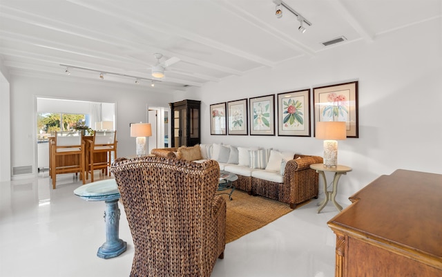 101 Dolphin Dr, Saint Augustine, FL 32080 - living area featuring finished concrete flooring, visible vents, rail lighting, and beam ceiling