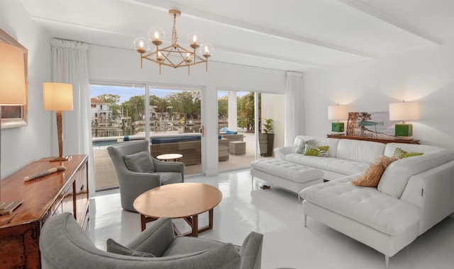 101 Dolphin Dr, Saint Augustine, FL 32080 - living room featuring concrete floors, a notable chandelier, and beam ceiling