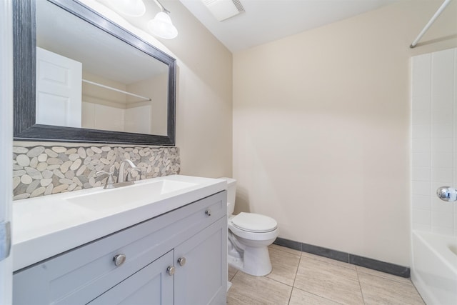 bathroom featuring bathing tub / shower combination, visible vents, backsplash, toilet, and vanity