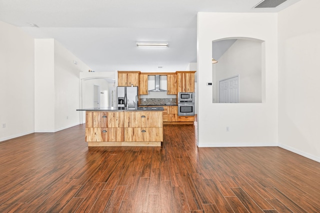 17 Porter Ln, Palm Coast, FL 32164 - kitchen featuring stainless steel appliances, wall chimney range hood, dark countertops, and dark wood-style floors
