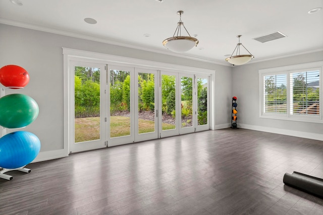 workout room with a wealth of natural light, dark hardwood / wood-style flooring, and crown molding