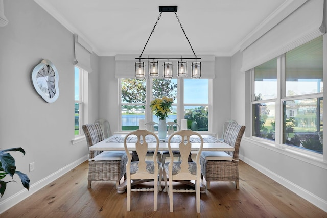 dining area featuring ornamental molding and light hardwood / wood-style flooring