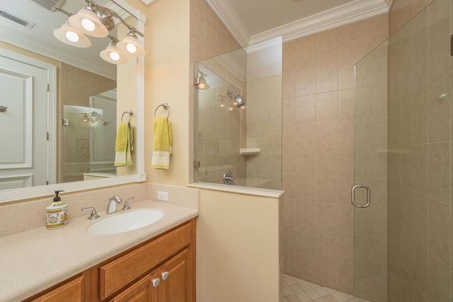 485 Ocean Forest Dr, Saint Augustine, FL 32080 - bathroom with ornamental molding, visible vents, a tile shower, and vanity