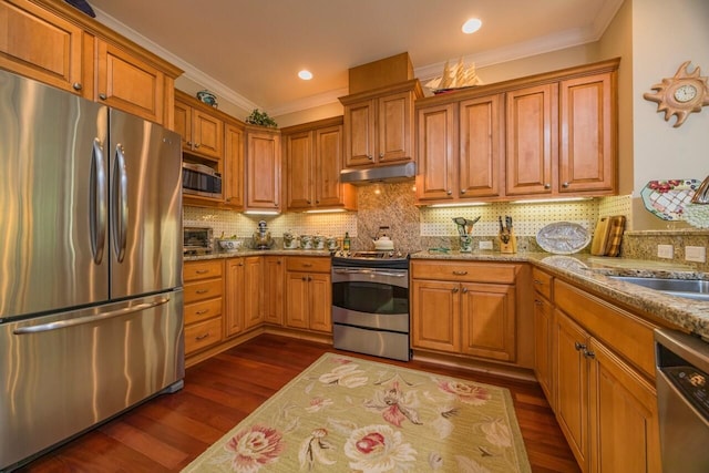 485 Ocean Forest Dr, Saint Augustine, FL 32080 - kitchen with under cabinet range hood, dark wood-style floors, backsplash, and appliances with stainless steel finishes