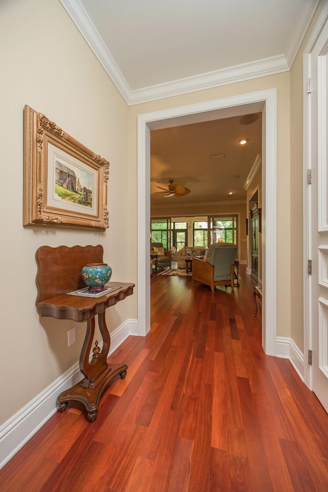 485 Ocean Forest Dr, Saint Augustine, FL 32080 - hall featuring baseboards, crown molding, and wood finished floors