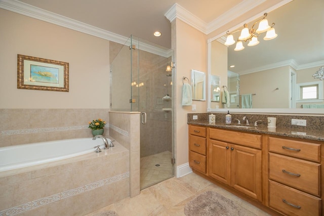 485 Ocean Forest Dr, Saint Augustine, FL 32080 - bathroom featuring a stall shower, vanity, a bath, ornamental molding, and an inviting chandelier