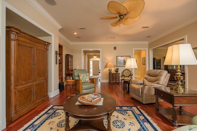 485 Ocean Forest Dr, Saint Augustine, FL 32080 - living area with baseboards, dark wood-style floors, ceiling fan, and crown molding