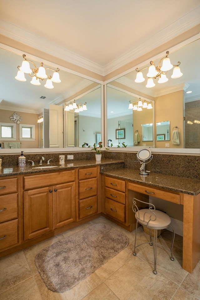 485 Ocean Forest Dr, Saint Augustine, FL 32080 - bathroom with visible vents, ornamental molding, vanity, an inviting chandelier, and tile patterned flooring