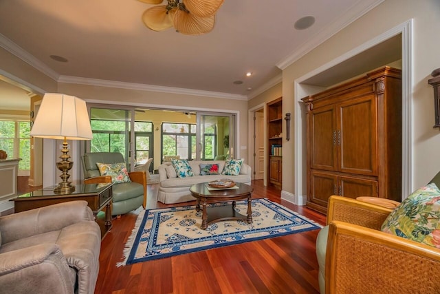 485 Ocean Forest Dr, Saint Augustine, FL 32080 - living area with ceiling fan, wood finished floors, and crown molding