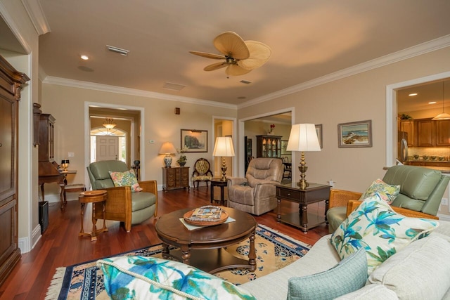 485 Ocean Forest Dr, Saint Augustine, FL 32080 - living area featuring a ceiling fan, visible vents, dark wood-type flooring, and crown molding