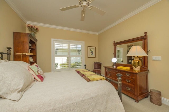 485 Ocean Forest Dr, Saint Augustine, FL 32080 - bedroom featuring light carpet, baseboards, crown molding, and a ceiling fan
