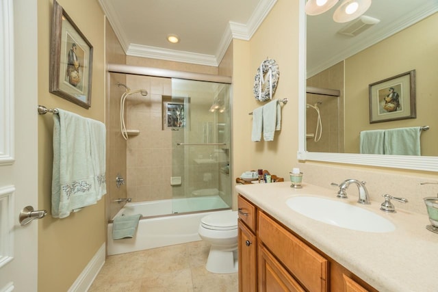 485 Ocean Forest Dr, Saint Augustine, FL 32080 - full bathroom with crown molding, toilet, vanity, visible vents, and shower / bath combination with glass door