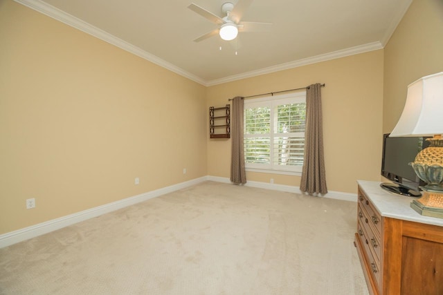 485 Ocean Forest Dr, Saint Augustine, FL 32080 - living room with light carpet, baseboards, crown molding, and a ceiling fan