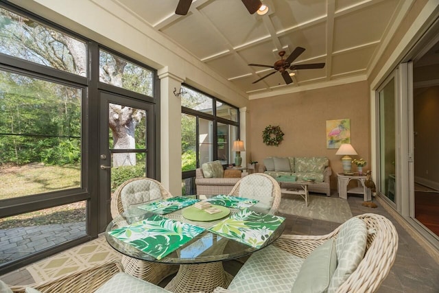 485 Ocean Forest Dr, Saint Augustine, FL 32080 - sunroom with outdoor lounge area, ceiling fan, and coffered ceiling