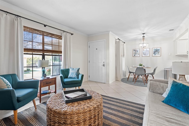 living area featuring light tile patterned floors, a notable chandelier, and ornamental molding