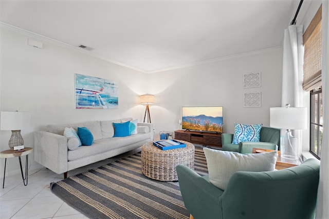 living room featuring light tile patterned floors, visible vents, and crown molding