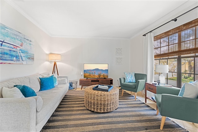 living area featuring ornamental molding