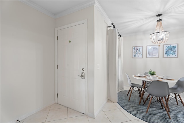 dining space with light tile patterned floors, baseboards, and ornamental molding