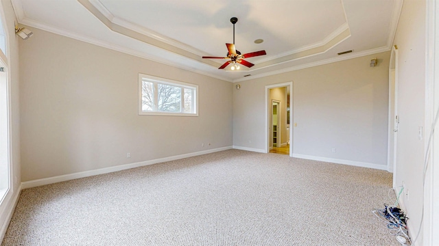 carpeted spare room featuring a raised ceiling, ceiling fan, and crown molding