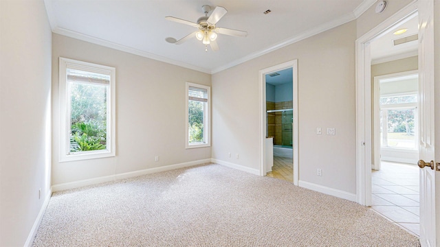 unfurnished bedroom with ensuite bathroom, ceiling fan, light carpet, and ornamental molding