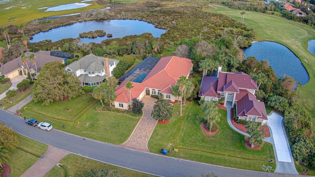 aerial view featuring a water view