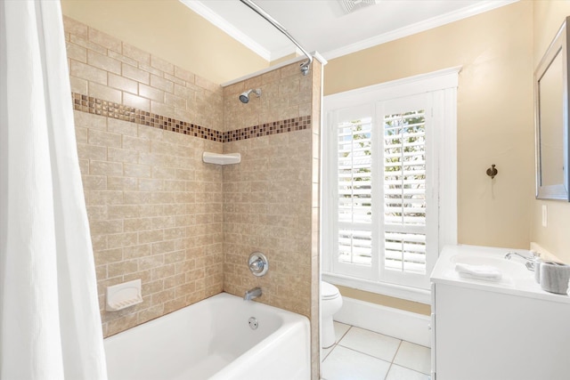 bathroom featuring vanity, tile patterned flooring, shower / tub combo, crown molding, and toilet