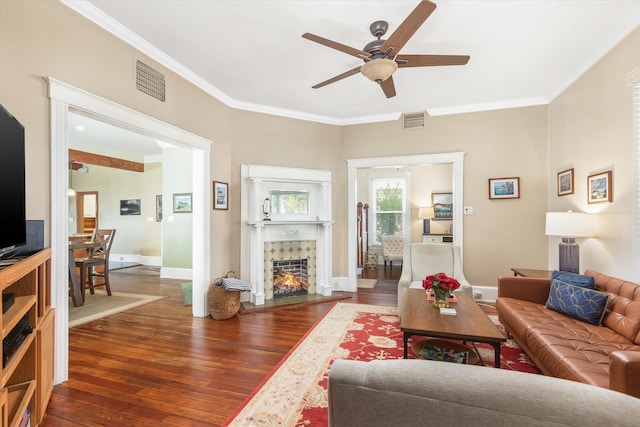 living room with visible vents, crown molding, dark wood finished floors, a tiled fireplace, and a ceiling fan