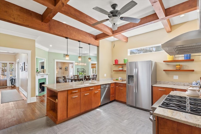 kitchen with open shelves, brown cabinetry, a peninsula, and stainless steel appliances