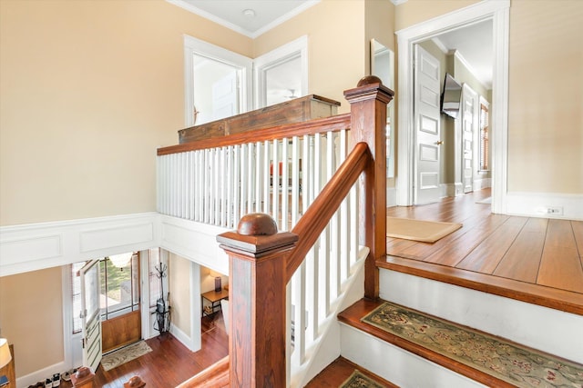 stairway featuring a decorative wall, wood finished floors, a wainscoted wall, and ornamental molding