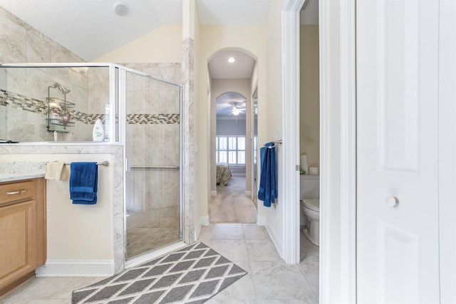 bathroom featuring toilet, a stall shower, vanity, and lofted ceiling