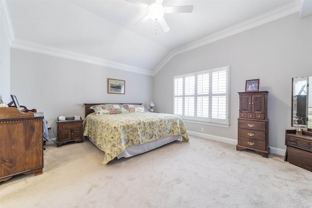 bedroom with light carpet, baseboards, ornamental molding, and vaulted ceiling