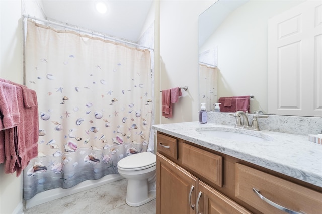 bathroom featuring tile patterned flooring, vanity, toilet, and shower / bathtub combination with curtain