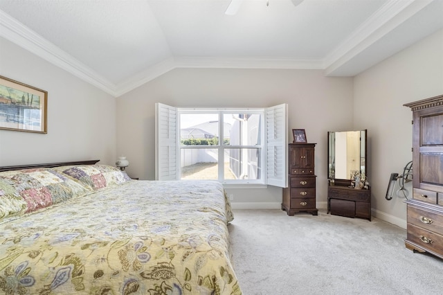 bedroom featuring ornamental molding, lofted ceiling, light carpet, and baseboards