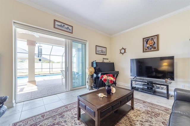 tiled living area featuring baseboards and crown molding