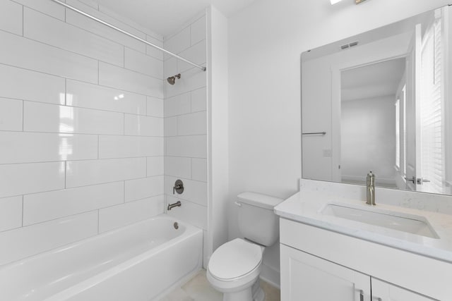 bathroom with vanity, shower / bathing tub combination, toilet, and visible vents